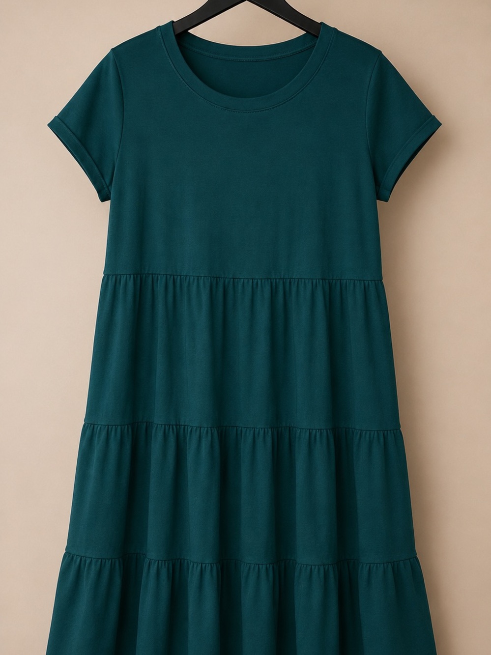 Teal Tiered Short-Sleeve Dress with Pockets